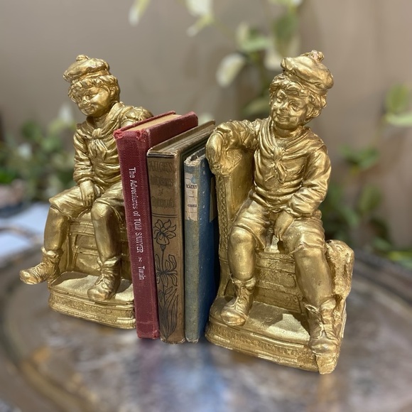 Vintage Set 2 Bookends Heavy Boy with Dog Gold - Picture 2 of 12